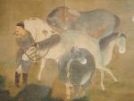 Peinture sur lin, représentant un marché aux chevaux, dans le...
