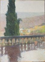 Henri MARTIN. 1860-1943
"Terrasse à Marquayrol".
Huile sur isorel, signé en bas...