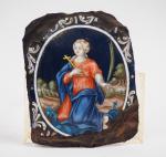 Plaque en émail peint polychrome représentant sainte Marguerite. Contre-émail bleu.
Limoges,...