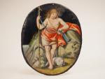 Plaque ovale en émail peint polychrome représentant saint Jean-Baptiste, l'agneau...