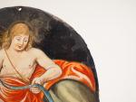 Plaque ovale en émail peint polychrome représentant saint Jean-Baptiste, l'agneau...