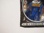 Plaque en émail peint polychrome représentant saint Léonard dans un...