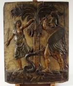 Panneau XVIIIème en bois sculpté polychrome "Scène