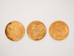 Trois pièces de 20 Francs or, 1905, 1909 et 1913.
FRAIS...