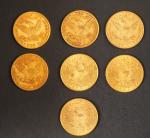 Sept pièces de 10 Dollars or, 1881, 1882, 1891, 1893...