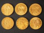 Six pièces de 10 Dollars or, 1880, 1893, 1894 (x2),...