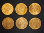 Six pièces de 20 Dollars or, 1864, 1876, 1878, 1888,...