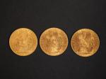 Trois pièces de 20 Francs or, 1911, 1912 et 1913.
FRAIS...