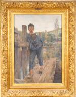 MARINITSCH.
'Jeune garcon en guenilles, près d'un moulin'.
Huile sur toile.
Signée en...