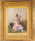 Francisco MIRALLES. 
'Elégante cueillant des fleurs'.
Huile sur toile, signée en...