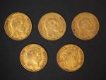 Cinq pièces de 20 Francs or, 1851-A, 1855-BB, 1858-A (x2),...