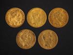 Cinq pièces de 20 Francs or, 1862-A, 1863-BB, 1864-A,1867-BB, 1868-BB.
FRAIS...
