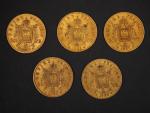 Cinq pièces de 20 Francs or, 1862-A, 1863-BB, 1864-A,1867-BB, 1868-BB.
FRAIS...