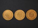 Trois pièces de 20 Francs or, 1891-A, 1896-A et 1897-A.
FRAIS...