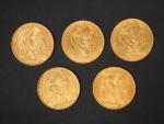 Cinq pièces de 20 Francs or, 1904, 1907, 1908, 1910...