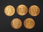 Cinq pièces de 20 Francs or, 1912 (x2), 1913 (x3).
FRAIS...