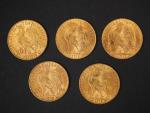 Cinq pièces de 20 Francs or, 1912 (x2), 1913 (x3).
FRAIS...