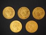 Cinq pièces de20 Lire or, Umberto I, 1881 (x3) et...