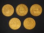 Cinq pièces de20 Lire or, Umberto I, 1881 (x3) et...