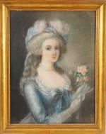 Ecole francaise début XIXème 
"portrait de dame au bouquet". 
Pastel.
Dim....