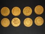 8 pièces de 20 francs or (1865, 1857, 1863, 1855...