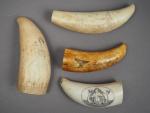 Quatre scrimshaws XIXème en ivoire marin gravé.
Dim : 13 -...